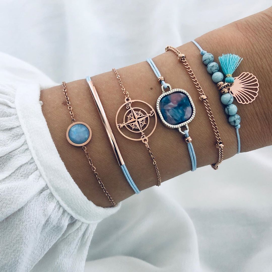 Ocean Colored Compass Blue Stone Personalized 6-piece Bracelet Set