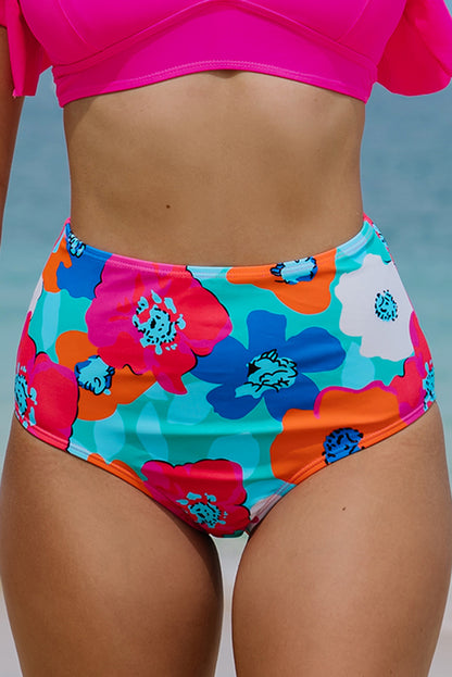 Rose Red Floral Print High Waist Bikini Bottoms