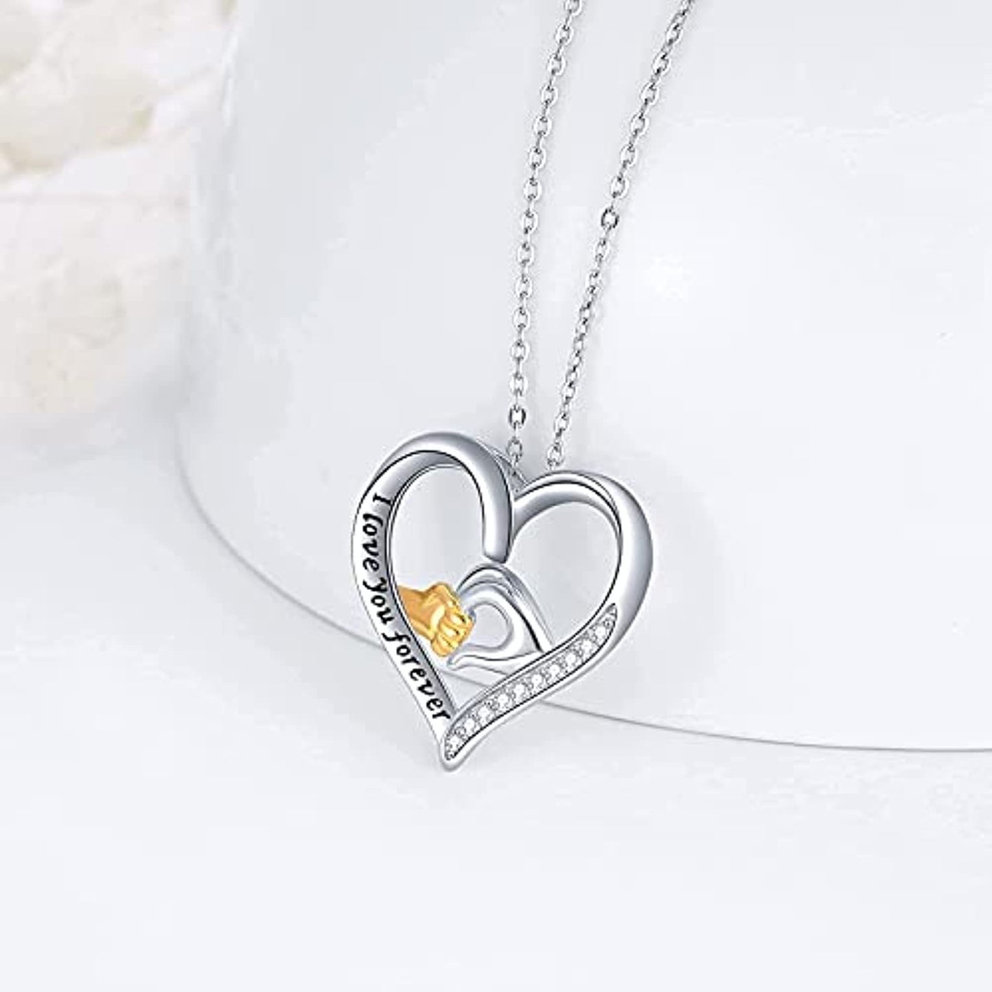 Mother and Child Hands Love Heart Pendant Necklace Jewelry for Women I Love You Forever