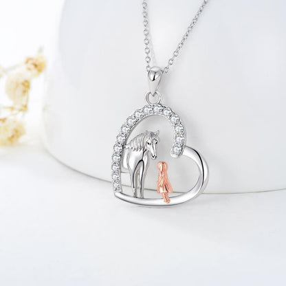 Sterling Silver Heart Horse and Girl Pendant Necklace Jewelry Gifts for Women Girls Kids