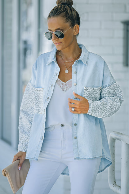 Sky Blue Contrast Leopard Denim Jacket