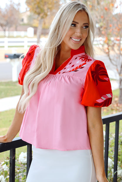 Pink Floral Embroidered Notch V Neck Puff Sleeve Babydoll Blouse