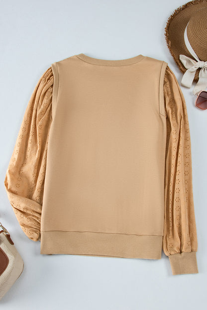 Pale Khaki Textured Patchwork Round Neck Sweatshirt