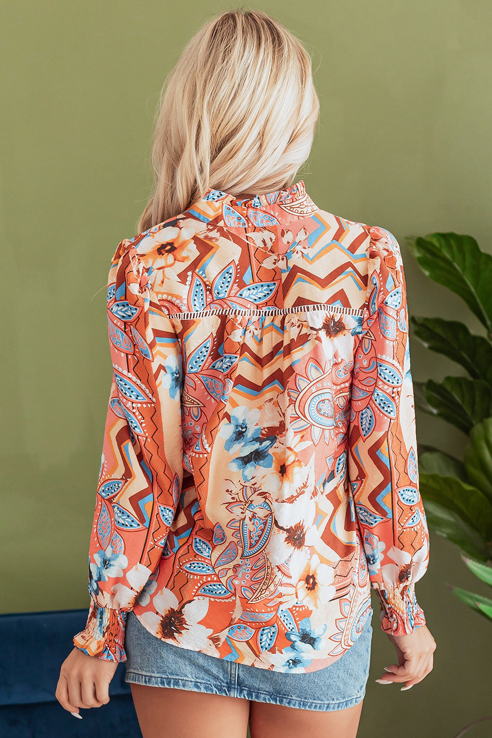 Orange Floral Print Shirred Cuff Buttoned Loose Shirt