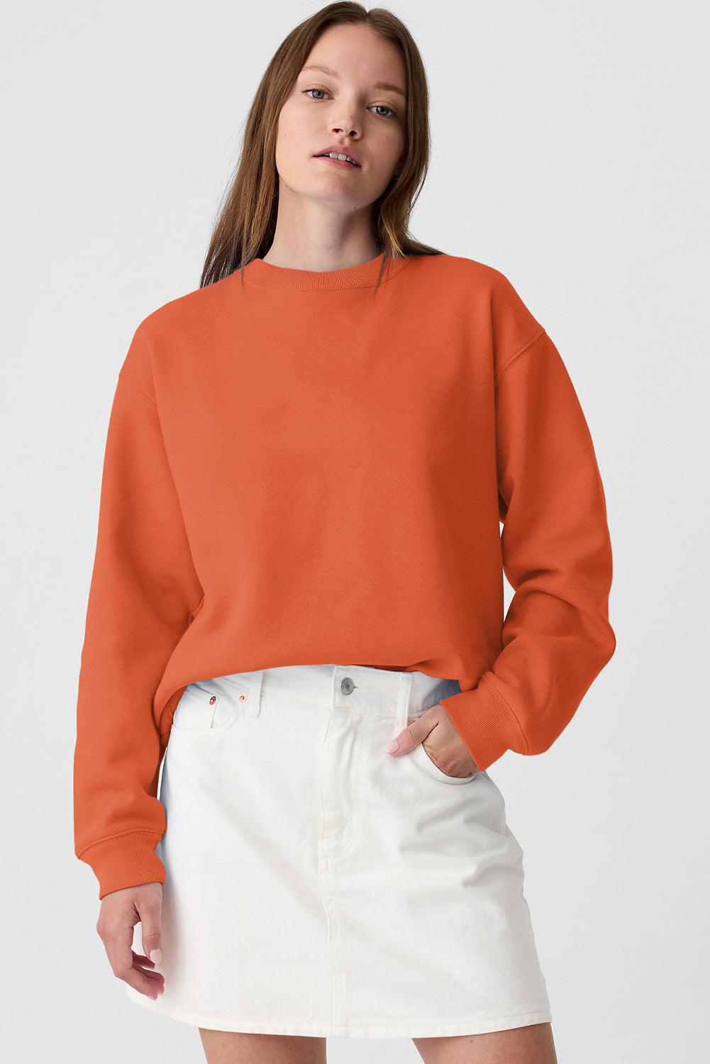 Orange Plain Drop Shoulder Crewneck Pullover Sweatshirt