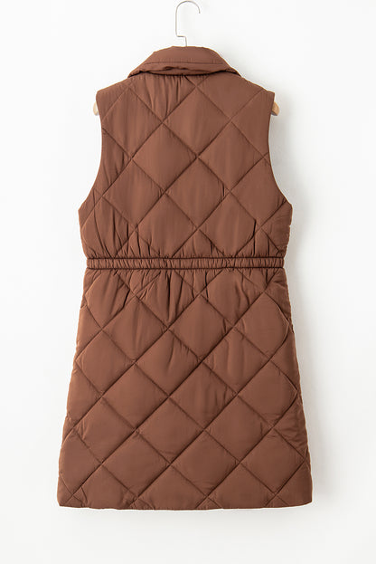 Coffee Longline Quilted Stand Collar Puffer Vest