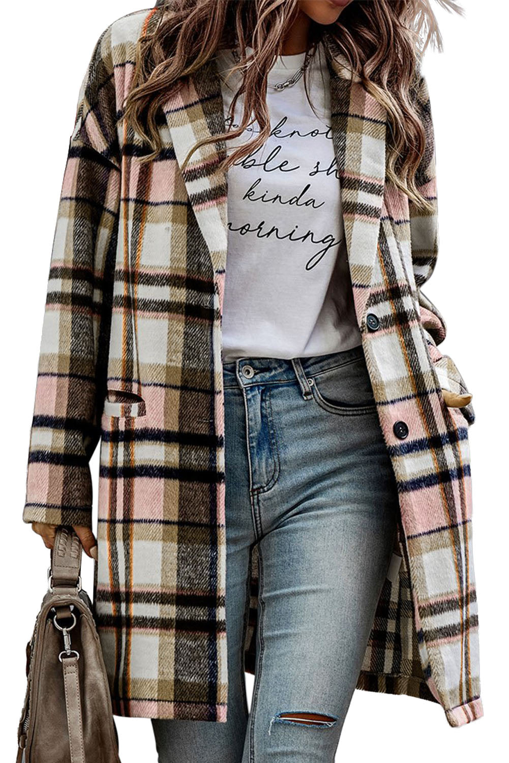 Pink Plaid Button Up Lapel Jacket