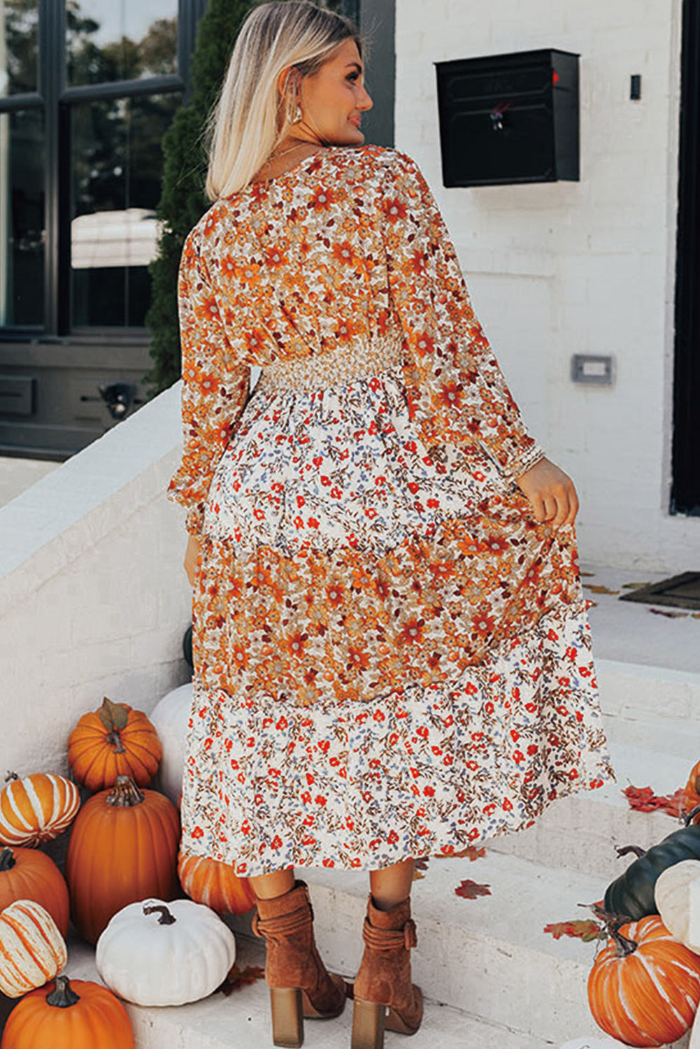 Khaki Floral Print Ruffled Tiered Long Sleeve V Neck Midi Dress