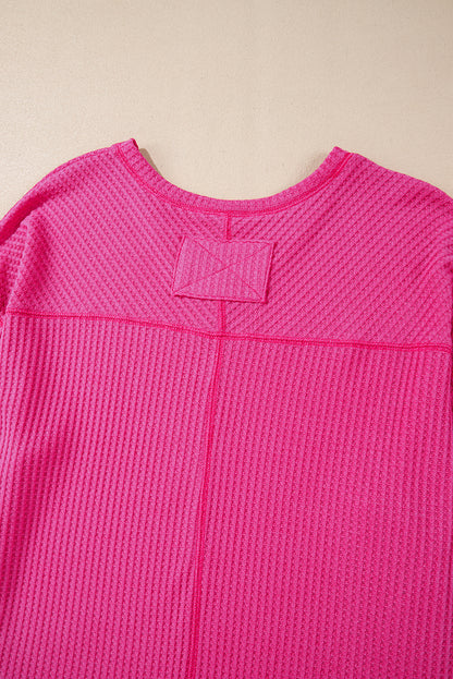 Bright Pink Waffle V Neck Long Sleeve Drop Shoulder Loose Blouse