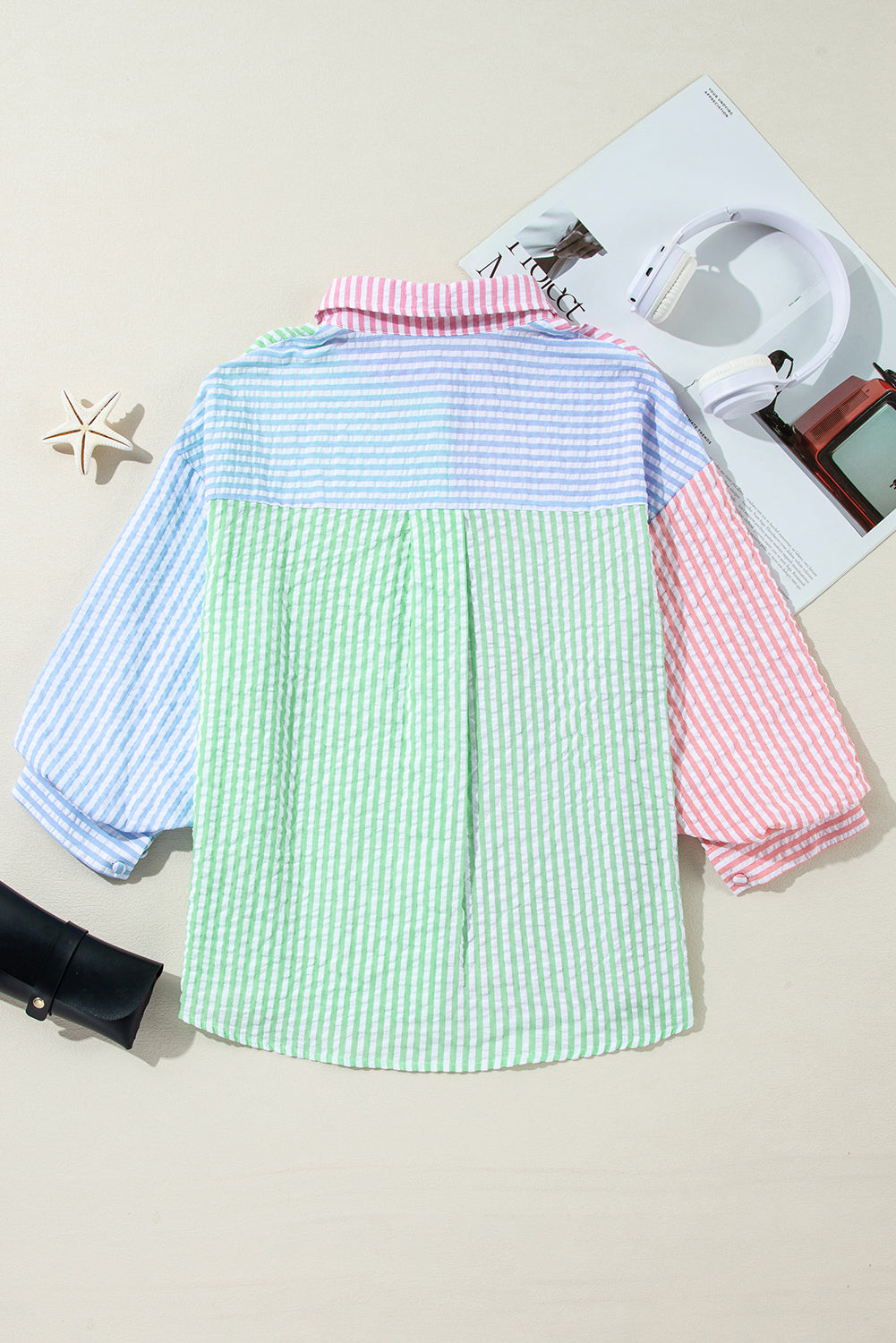 Pink Stripe Color Block Balloon Sleeve Buttoned Loose Fit Shirt