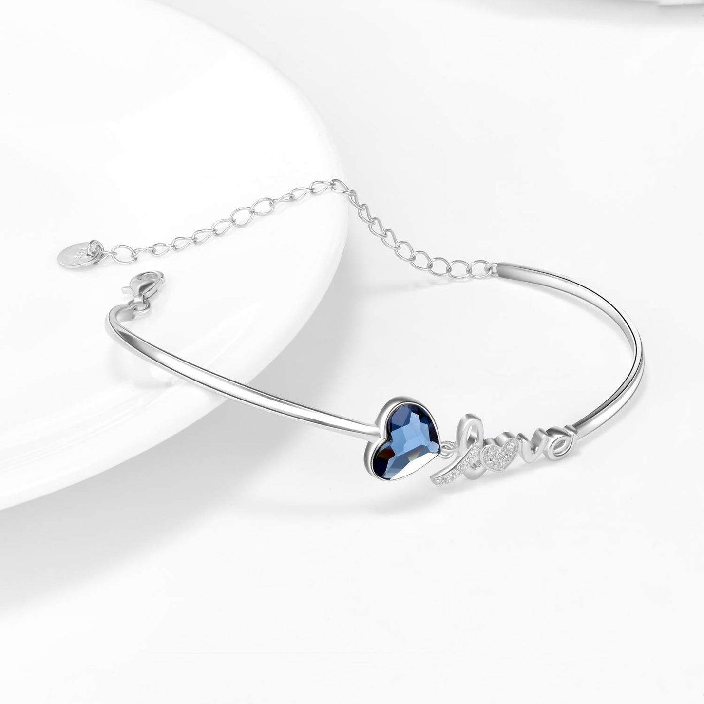 Blue Crystals from Austria Love Heart Bangle Bracelet in White Gold Plated Sterling Silver