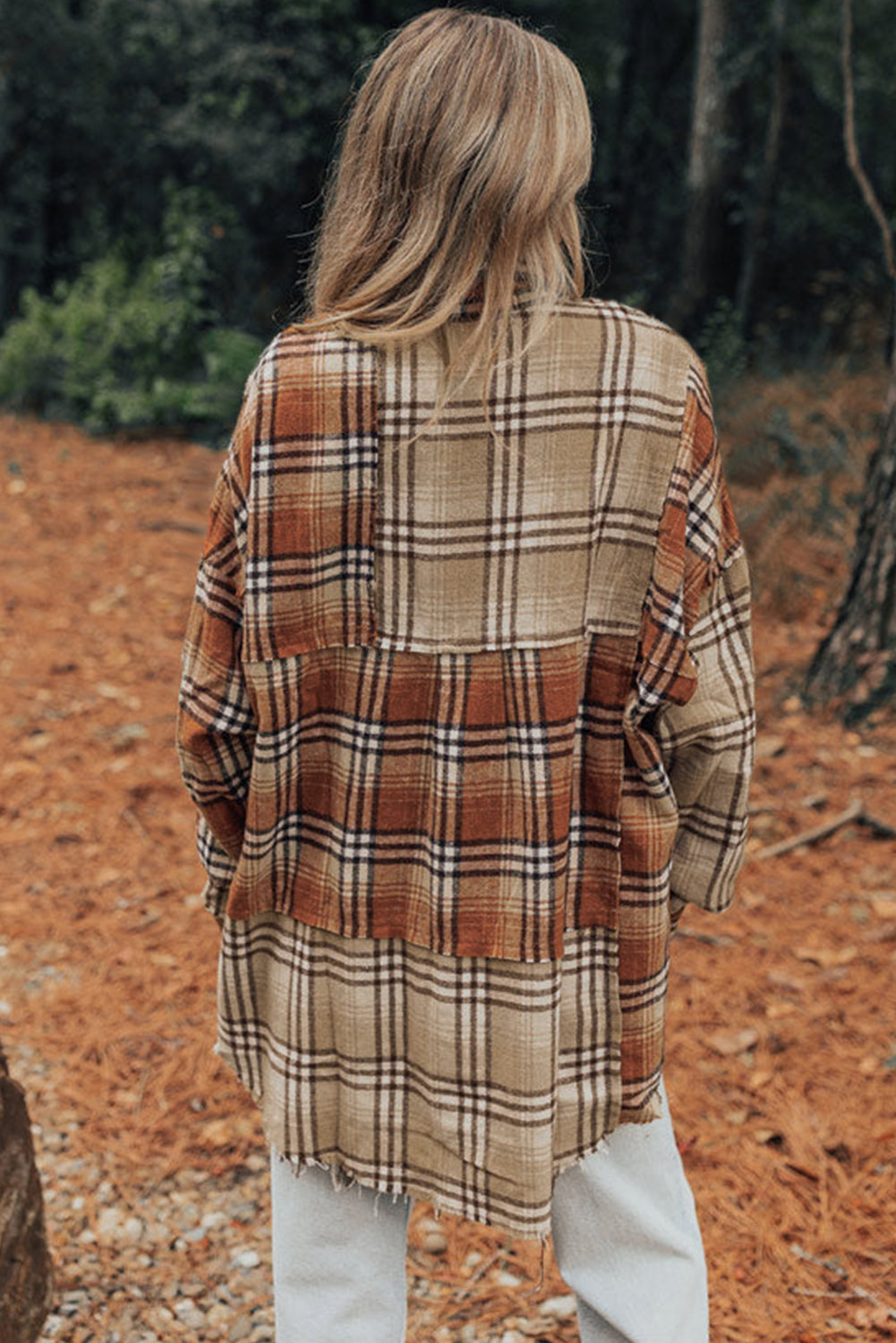 Khaki Plaid Colorblock Patchwork High Low Shacket