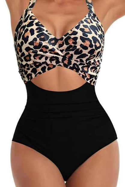 Black Leopard 2-tone Crossed Cutout Backless Monokini