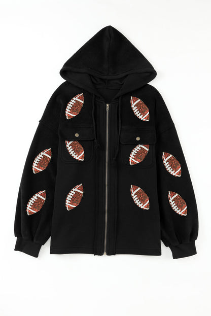 Black Sequined Rugby Football Pattern Pocketed Zipper Hooded Jacket