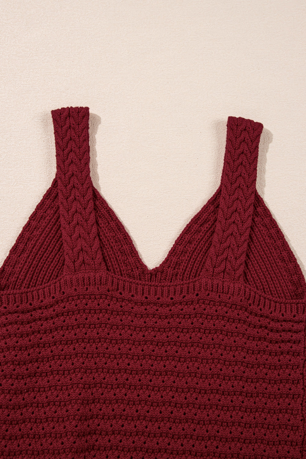 Burgundy Cable Knit Pointelle Slim Fit V Neck Sweater Vest