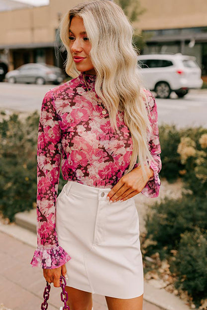 Rose Floral Mesh Flounce Sleeve Mock Neck Blouse