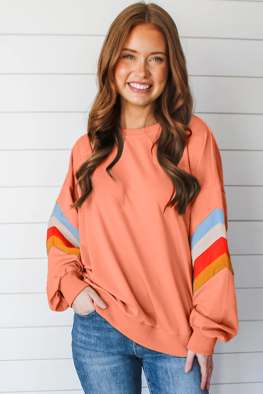 Flamingo Rainbow Striped Sleeve Crew Neck Loose Sweatshirt