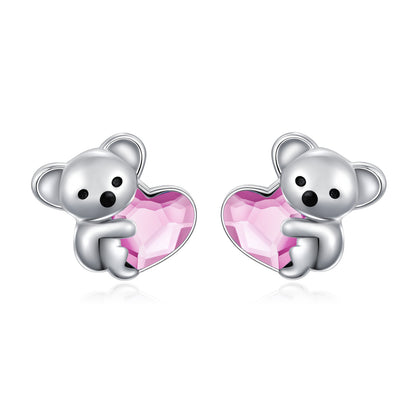 925 Sterling Silver Koala Bear Cute Animal Hypoallergenic Heart Crystal Earrings Jewellery