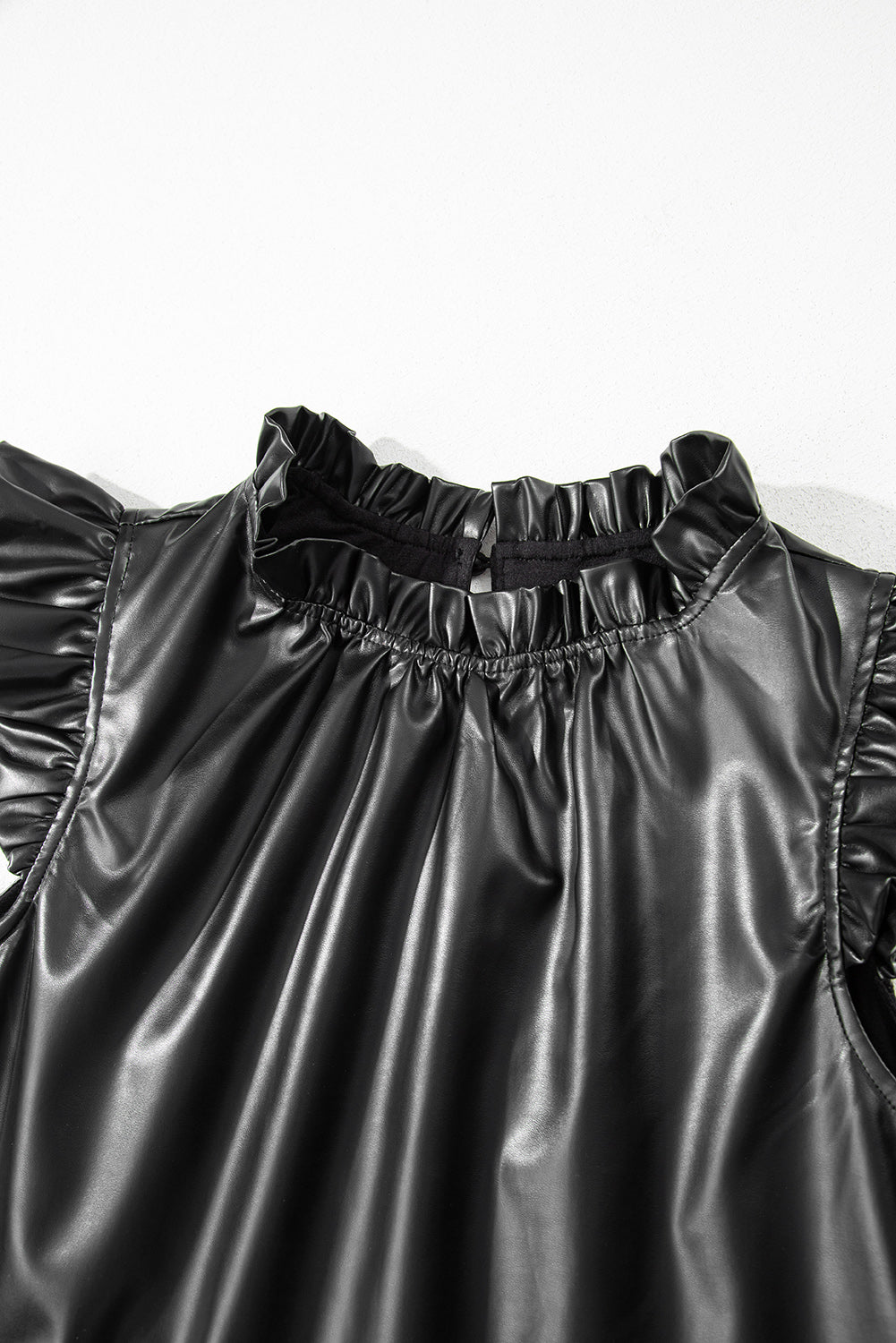 Black PU Leather Frilly Ruffle Trim Blouse