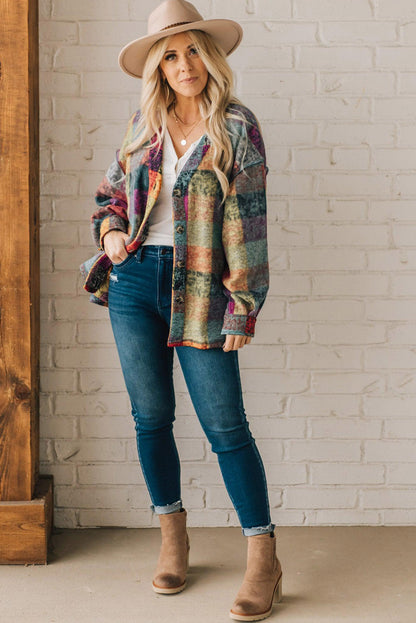 Multicolor Brushed Checked Western Buttoned Jacket