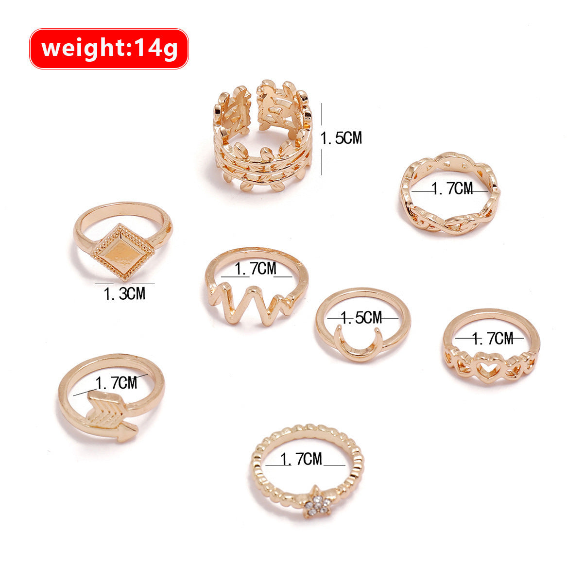 ECG Hollow Heart Star Moon Boat Anchor Square 8-piece Ring Set