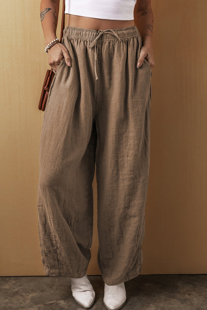 Desert Palm Cotton Linen Drawstring Waist Wide Leg Pants