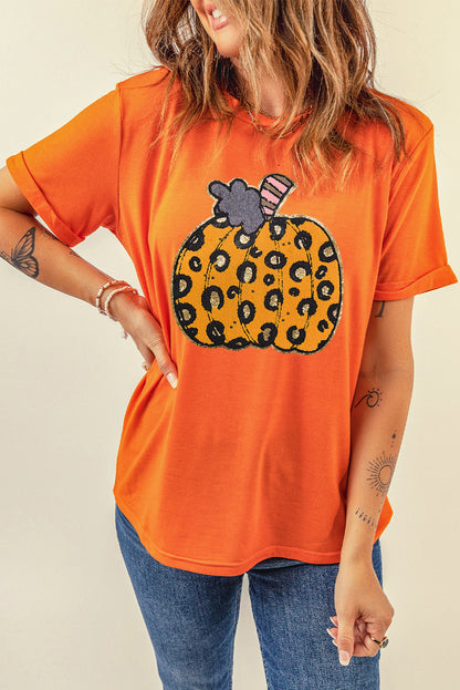 Orange Halloween Leopard Pumpkin Crew Neck Graphic Tee