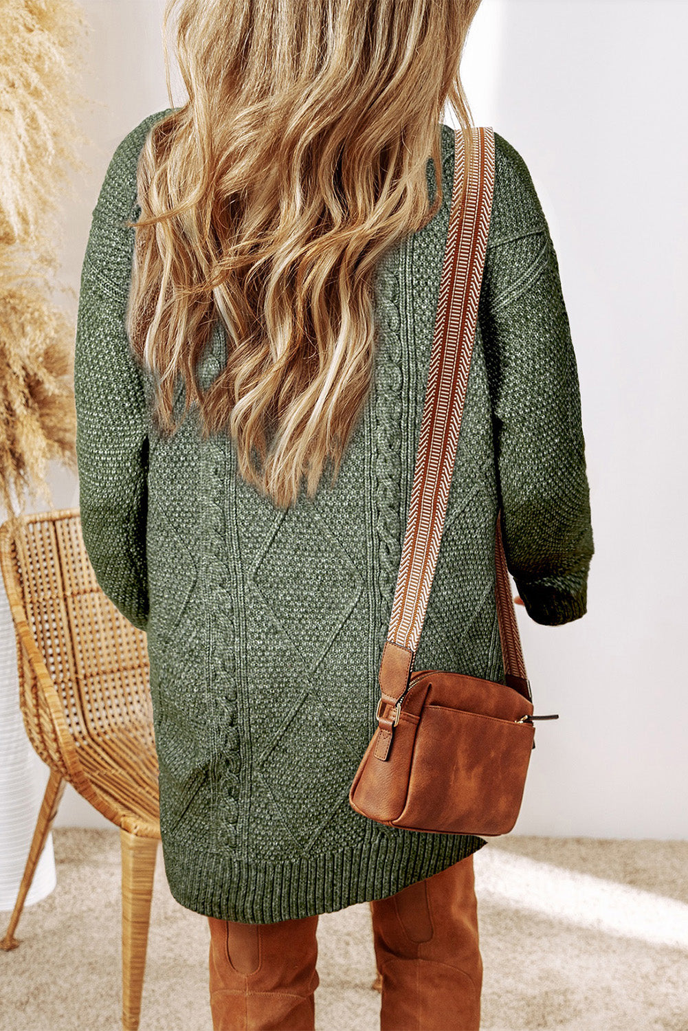 Mist Green Cable Knit Drop Shoulder Loose Fit Sweater Dress