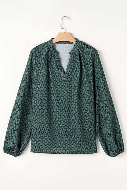 Green Geometric Print Notched Neck Puff Sleeve Blouse