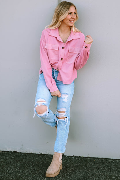 Pink Turn-Down Collar Pockets Shirt Jacket