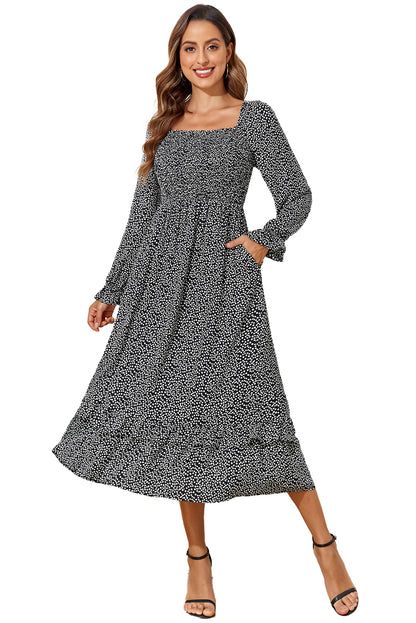 Black Floral Printed Long Sleeve Square Neck Midi Dress