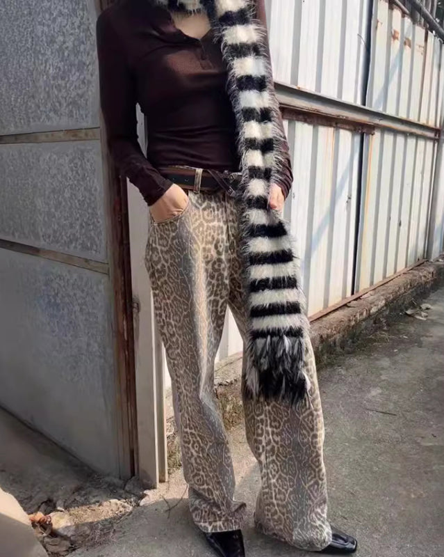 New retro leopard print street straight wide leg loose denim trousers